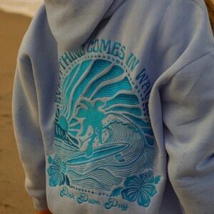 Pink Palm Puff Hoodie "Everything Comes In Waves" in Blue XXS NWOT